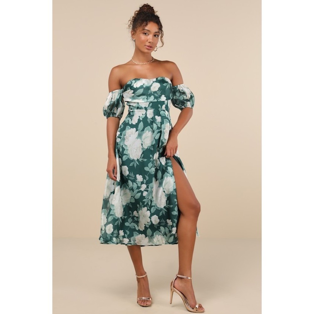 Lulus Composed Delight Green Floral Off-the-shoulder Midi Dress - Size S
